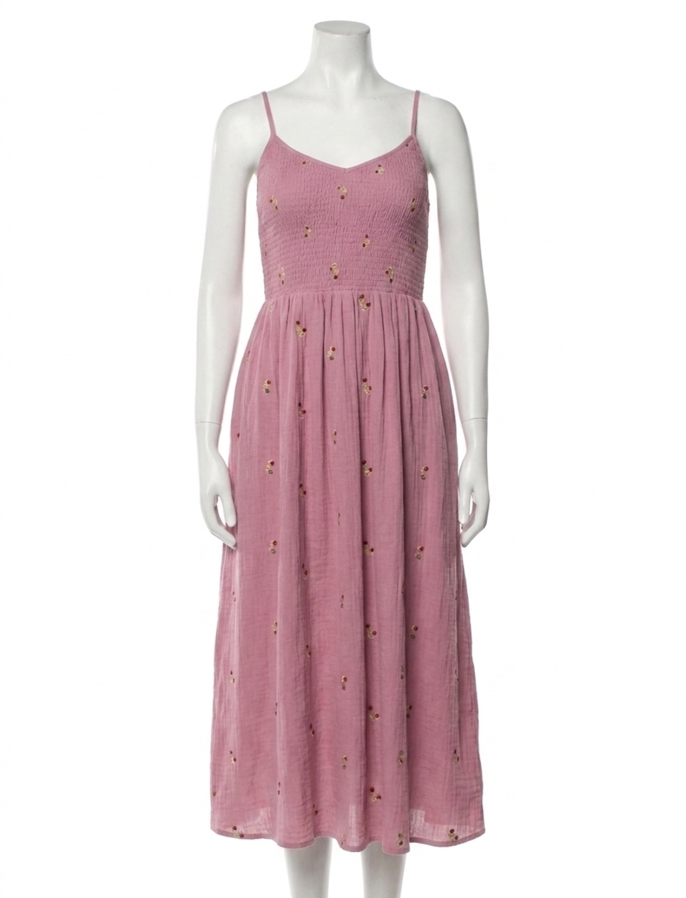 NEW MYSTREE lottie embroidered smocked midi dress in cool soft pink